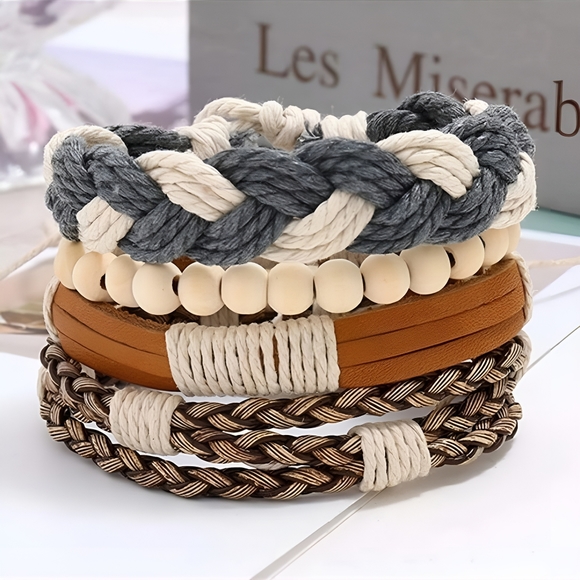 Jewelry - 4 Piece Boho Braided Leather Beaded Bracelets